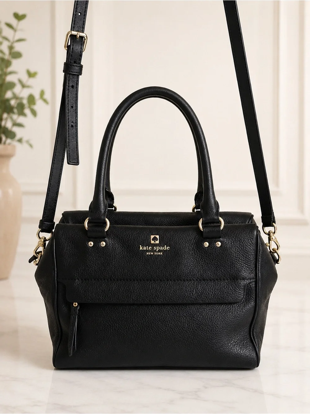 Kate Spade Black Pebbled Leather Satchel Crossbody Shoulder Bag Zip Top everyday